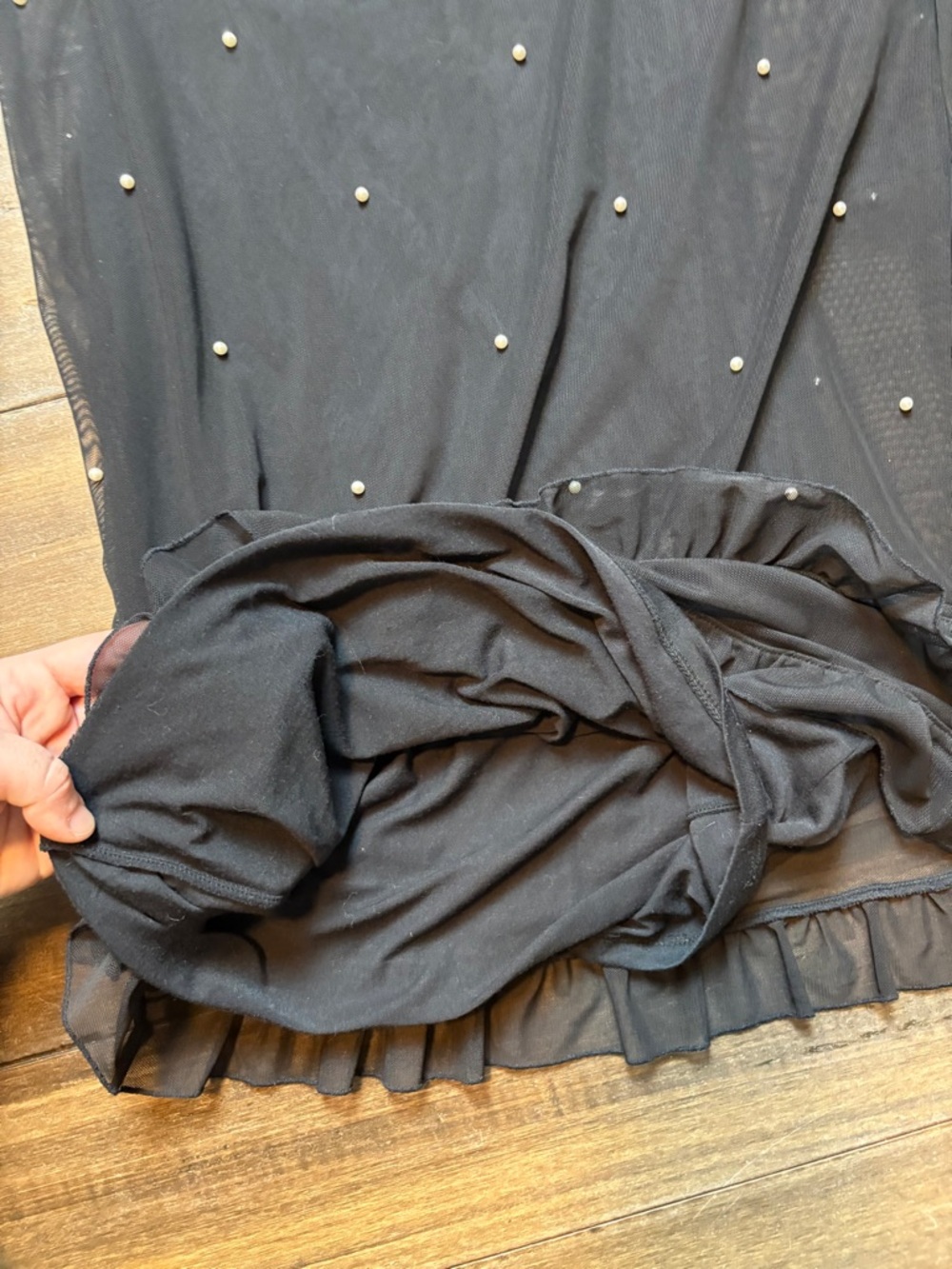 Sz 4 Black Dress Sheer Mesh Pearl Studs & Ruffle Hem, Short sleeve mini bodycon - Picture 8 of 11